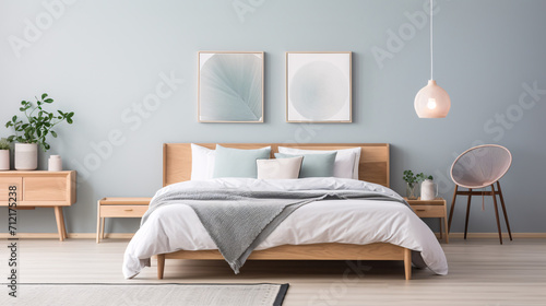 Minimalist bedroom in soft pastel green and neutral colours, modern style bedroom interior design.