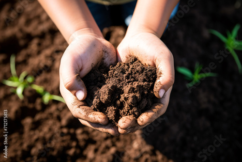 Fertile soil in kid hands, soil conservation, sustainability and earthday concept.