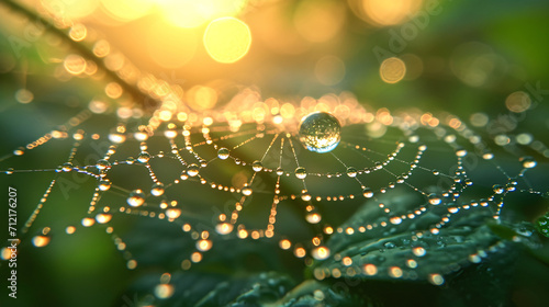 A glowing spider web under rain  highlighted by a greenish hue.