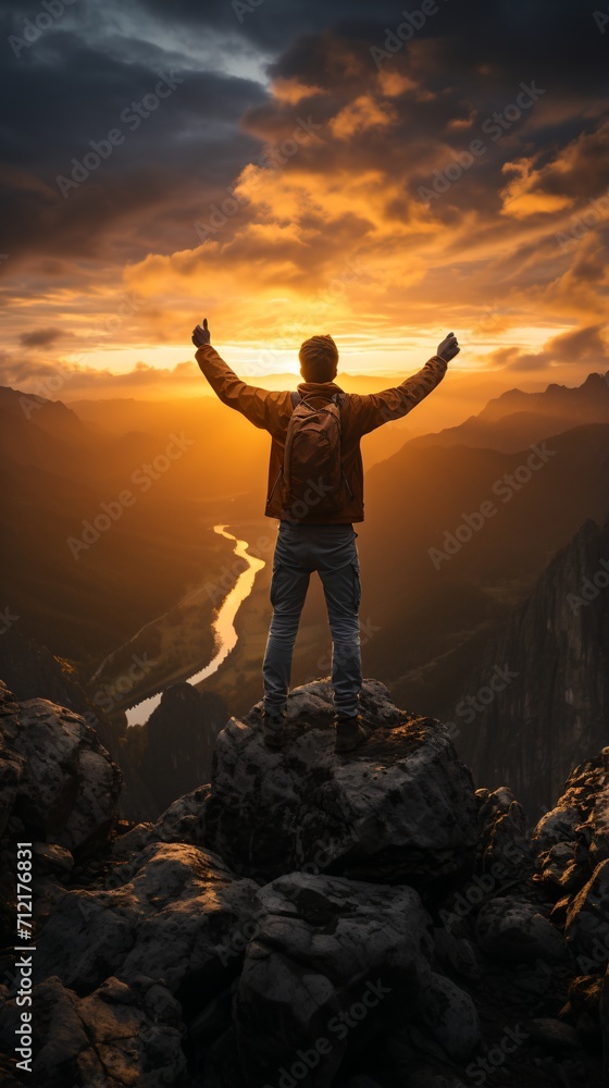 Fototapeta premium Man on top of a mountain celebrating the sunset