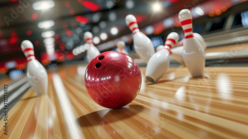 Striking Moment at Bowling Alley. A red bowling ball hits pins at an alley, capturing the action and excitement of the game.