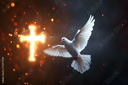 A white dove in flight against the backdrop of a radiant cross
