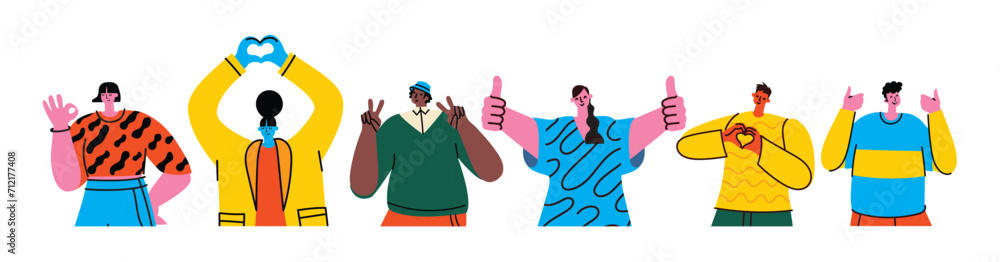Happy positive people. Man and woman team gesturing with hands, fingers. Love, support, solidarity, ok expressions. Flat graphic vector illustration isolated on white background Happy positive people. Man and woman team gesturing with hands, fingers. Love, support, solidarity, ok expressions. Flat graphic vector illustration isolated on white background