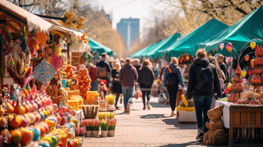 A colorful Easter market scene with stalls selling decorations - obrazy, fototapety, plakaty 