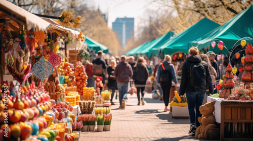 A colorful Easter market scene with stalls selling decorations photo