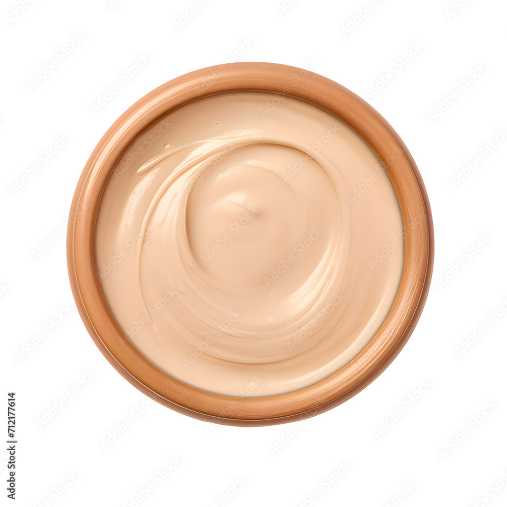 Sour cream in a brown clay bowl isolated on a png background. Top view with copy space. Sour cream in a brown clay bowl isolated on a png background. Top view with copy space.