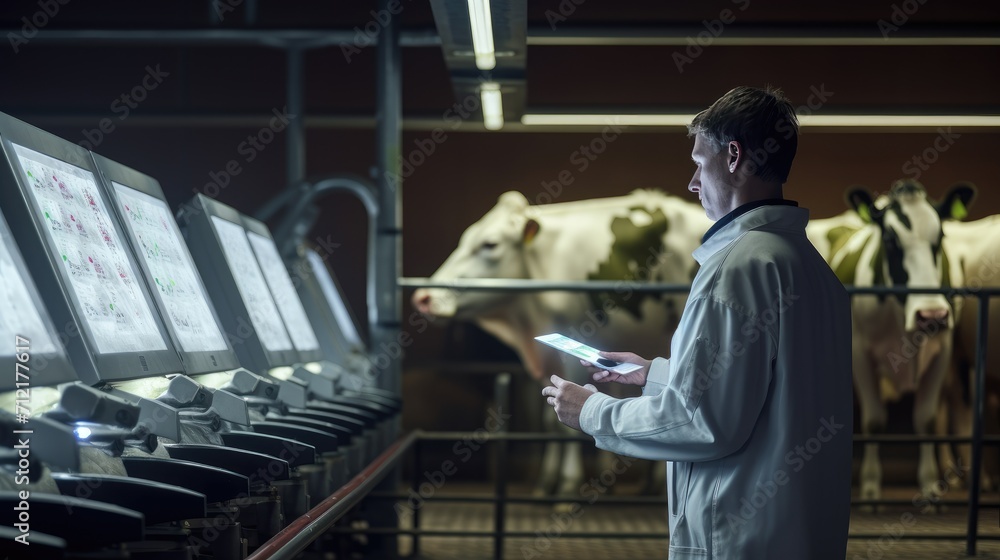 Cow farm worker checks milk quality indicators and the condition of cows on the farm. Milk quality control Cow farm worker checks milk quality indicators and the condition of cows on the farm. Milk quality control