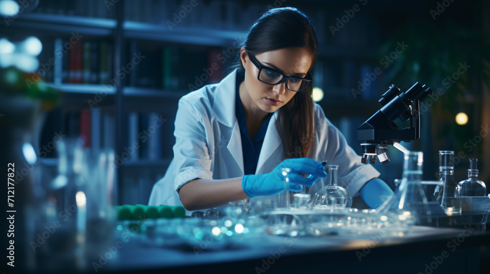 Serious concentrated female microbiologist in sterile