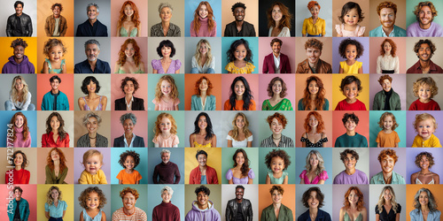 Portrait collage of happy people in front of monochromatic backgrounds