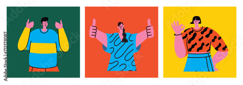 Happy positive people. Man and woman team gesturing with hands, fingers. Love, support, solidarity, ok expressions. Flat graphic vector illustration isolated on white background