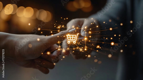Hands reaching for a glowing cart icon, symbolizing online shopping