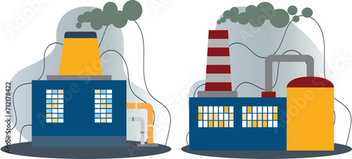 Industrial landscape with smokestacks. This cartoon illustration shows two blue factory buildings with smokestacks and pipes.