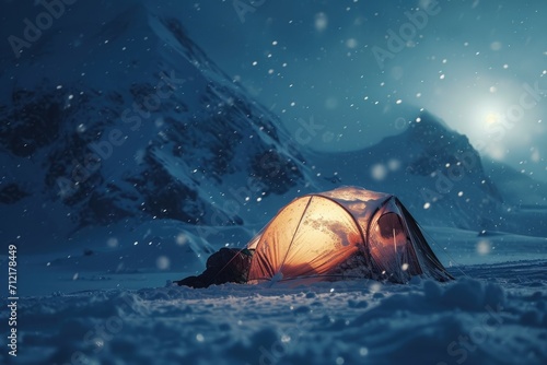 Winter's adventure: A Magical Moment Captured - A Tent Stands Alone in a Snow-Covered Landscape, Surrounded by the Silence of a Winter Wonderland, Bathed in the Soft Glow of Moonlight.   © Mr. Bolota