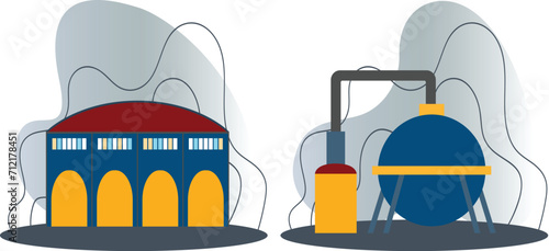 Industrial landscape with smokestacks. This cartoon illustration shows two blue factory buildings with smokestacks and pipes.