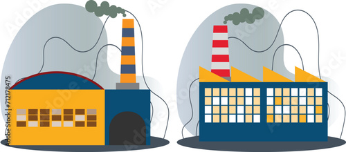 Industrial landscape with smokestacks. This cartoon illustration shows two blue factory buildings with smokestacks and pipes.