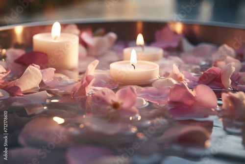Luxury Spa Retreat: A Close-up View of a Modern and Luxurious Spa, Thoughtfully Decorated with Candles and Petals - Offering an Elegant and Serene Atmosphere for Ultimate Pampering.