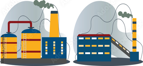 Industrial landscape with smokestacks. This cartoon illustration shows two blue factory buildings with smokestacks and pipes.