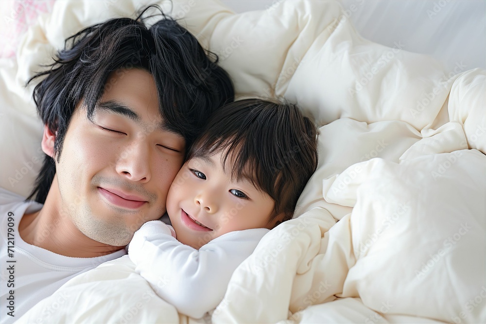 ベッドで寝ている日本人親子のポートレート(睡眠・うたたね・寝る・お父さん・息子) ベッドで寝ている日本人親子のポートレート(睡眠・うたたね・寝る・お父さん・息子)