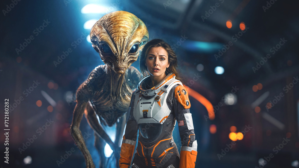 alien monster floats in spaceship, paralyzed young woman in astronaut suit, horror, sci-fi, future, fear of death, space