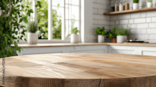 Empty beautiful round wood tabletop counter on interior in clean and bright kitchen background