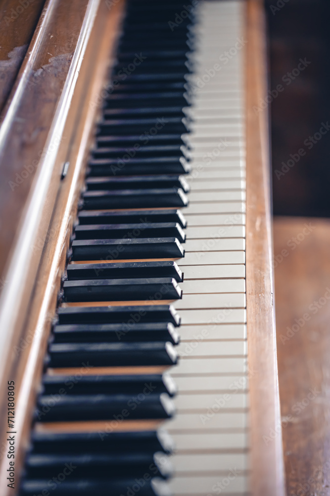 Piano keys on wooden brown musical instrument. Piano keys on wooden brown musical instrument.