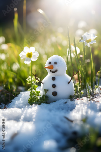 Snowman on a meadow with grass and spring flowers growing through the melting snow. Concept of spring coming and winter leaving.