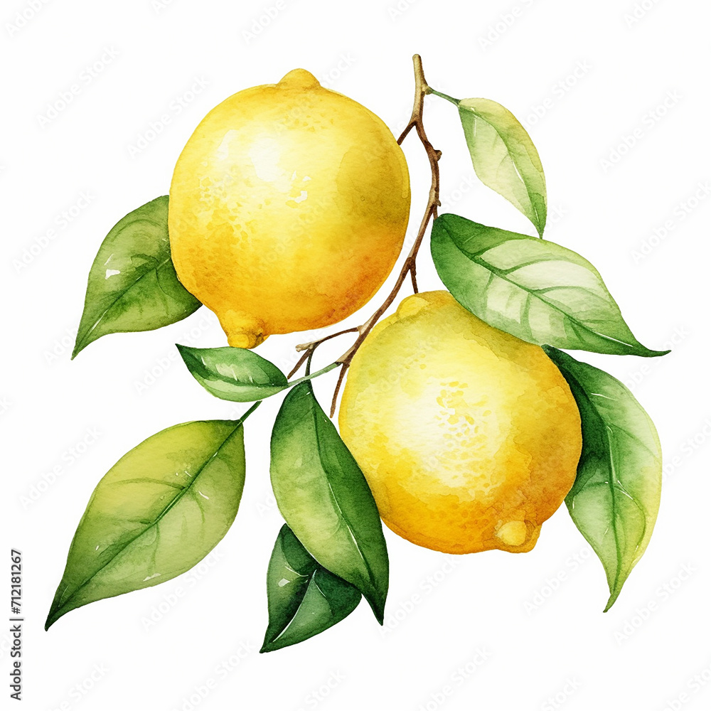 Lemon branch with lemons. Watercolor hand drawn illustration isolated on white background
