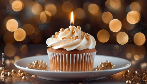Cupcake dessert presented on a plate with a candle, suitable for a birthday celebration