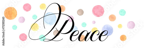 PEACE black PNG calligraphy with watercolor circles on transparent background