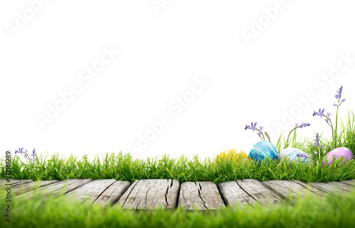 Obraz na płótnie A line of painted easter eggs in the grass celebrating a Happy Easter with a wooden bench to place products on with green grass and transparent background w salonie