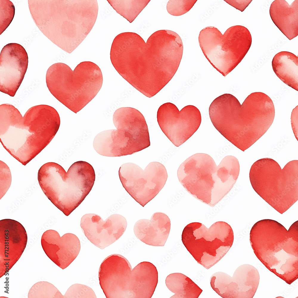 Seamless pattern with red watercolor hearts on a white background