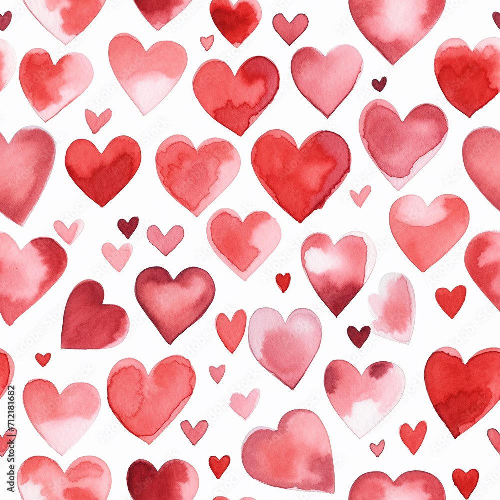 Seamless pattern with watercolor red hearts on white background.