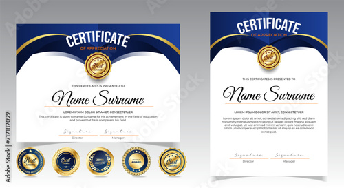 Certificate of appreciation template, gold and blue color. Clean modern certificate with gold badge. Certificate border template with luxury and modern line pattern. Diploma vector template