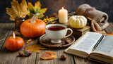 Warm and inviting autumn arrangement featuring a steaming cup of tea, flickering candle, an open book, and pumpkins on a wooden backdrop. Embracing the cozy ambiance of autumn home decor