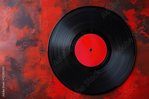 Red label on isolated old black vinyl record photo