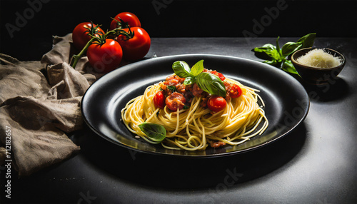 Italian spaghetti elegantly arranged on a dark plate