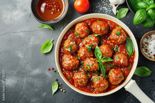 Top view of homemade meatballs in white pan on grey background with copy space garnished with tomato sauce and spices
