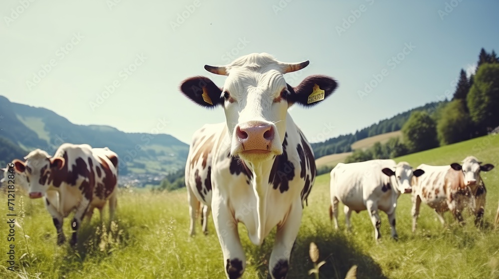 A herd of well-groomed, beautiful, healthy cows graze on a green meadow in the mountains. Modern farm life A herd of well-groomed, beautiful, healthy cows graze on a green meadow in the mountains. Modern farm life