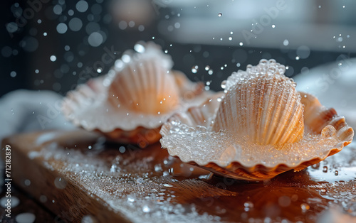 Close-up of scallops in shells with water droplets on a wooden board,AI generated