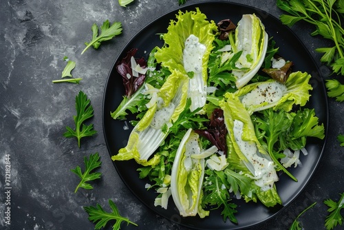 Endive and chicory salad with Roquefort sauce on a black plate flat