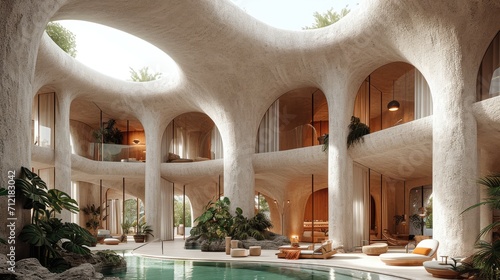 Organic resort, Futuristic Aesthetic architecture, Natural Materials. Generative AI.