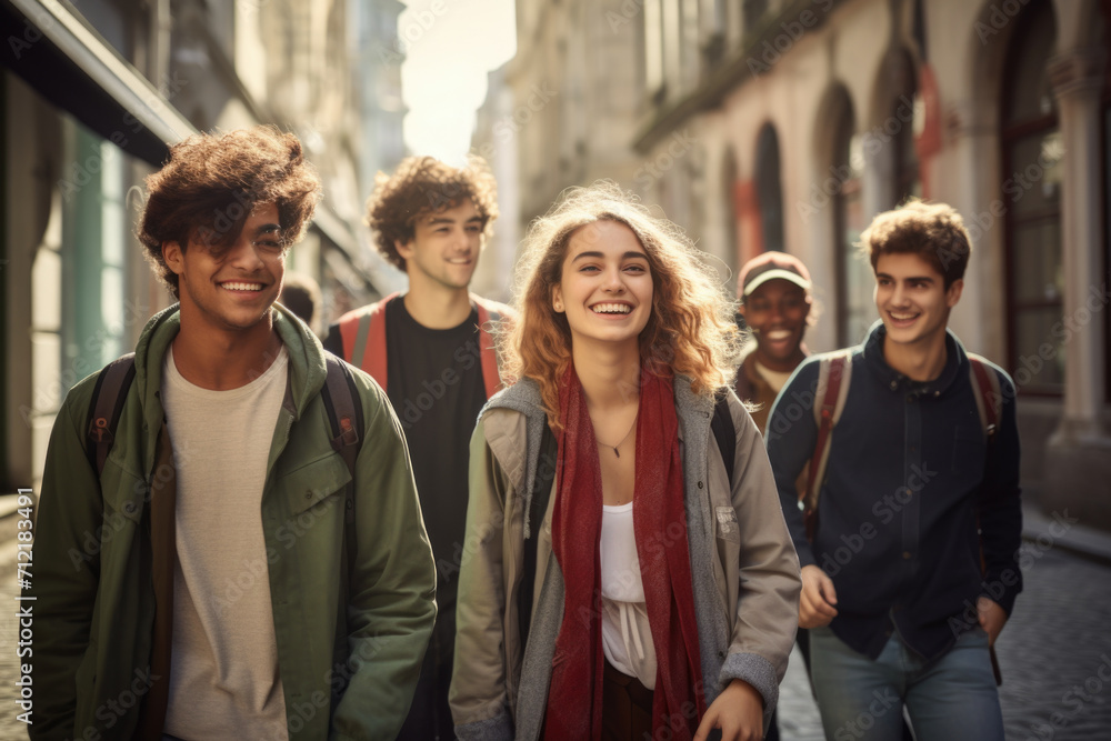 Fototapeta premium Happy multiracial friends walking down the street. Friendship concept with multicultural young people on winter clothes having fun together