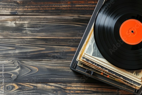 Flat lay of modern vinyl records on wooden background with space for text