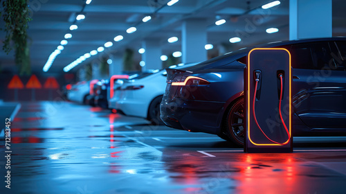 Electric vehicle charging, Parking lot background. Generative AI. © visoot