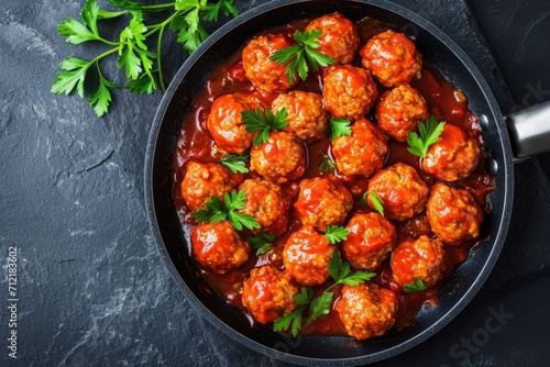 Top down view of meatballs cooking in tomato sauce on a dark stone table