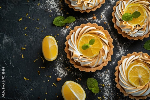 Top view of a lemon curd and meringue tartlet on a rustic background photo