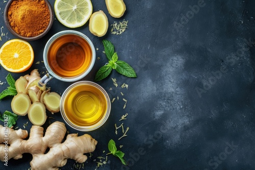 Top view of ginger tea ingredients simple recipe for a healthy and comforting hot drink with space for a text