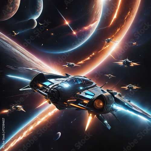 Futuristic star ship with light speed soaring through the universe