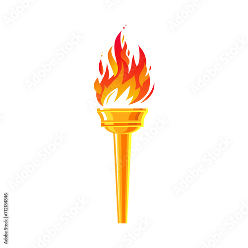 Golden torch with red and yellow flames. Blazing fire. Fiery torch of the champion's victory. Flame icon. Burning fire with sparks.
