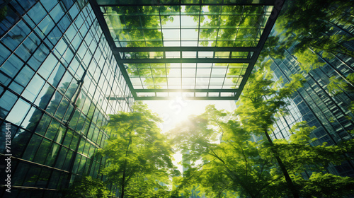 Tall glass building green branches of trees view